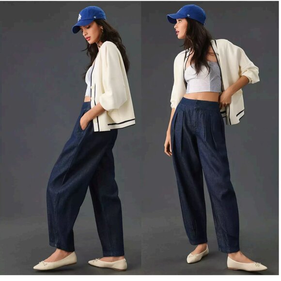 Anthropologie Pilcro Porto Wide Leg Barrel Jeans Dark Blue Size 26 - Picture 1 of 15